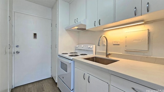 kitchen featuring a textured ceiling, electric stove, sink, and dark hardwood / wood-style flooring