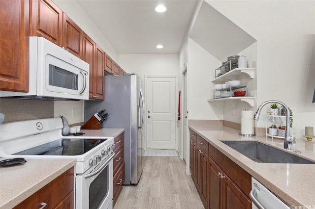 91-6221 Kapolei Pkwy Unit 235, Ewa Beach, HI 96706 - kitchen with white appliances, light wood-type flooring, recessed lighting, and open shelves