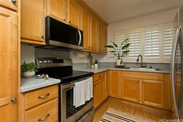 kitchen with sink, light wood-type flooring, and appliances with stainless steel finishes