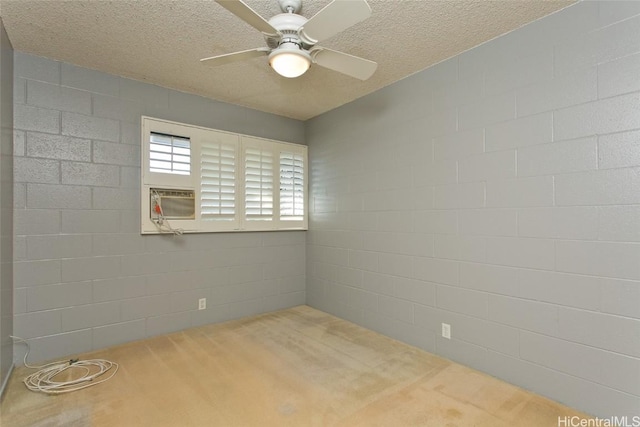 unfurnished room with ceiling fan, carpet floors, and a textured ceiling