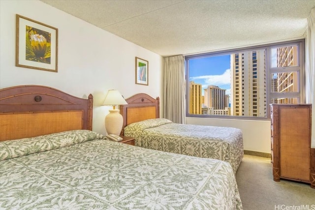 bedroom with carpet floors and a textured ceiling