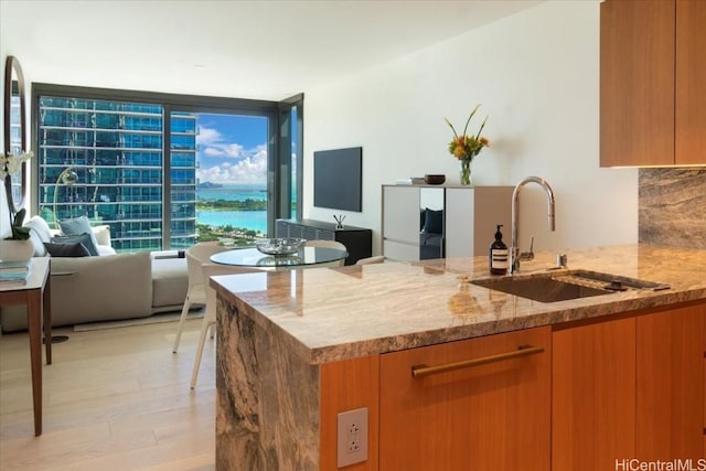 kitchen with light stone countertops, light hardwood / wood-style floors, sink, backsplash, and expansive windows