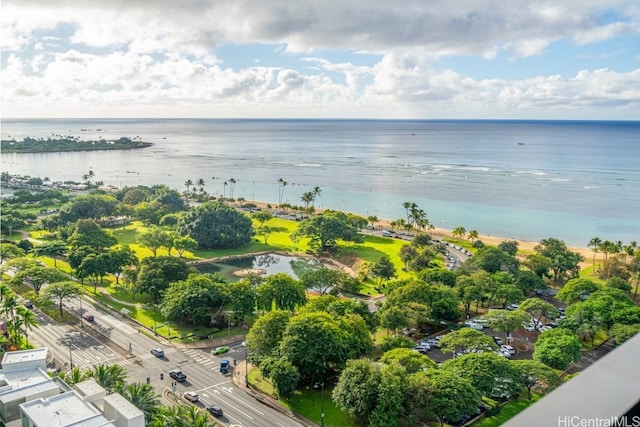 aerial view featuring a water view