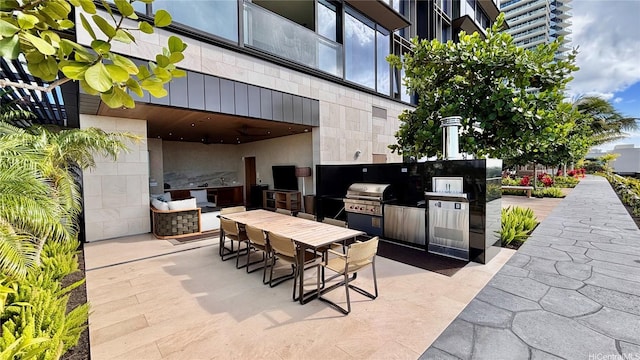 view of patio featuring area for grilling, an outdoor kitchen, and outdoor dining space