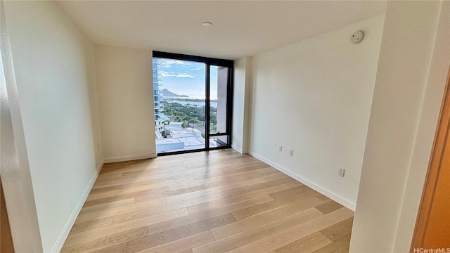 spare room with baseboards, floor to ceiling windows, and light wood finished floors