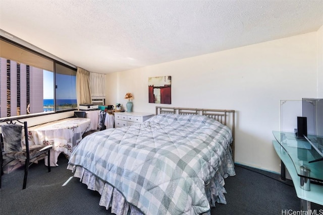 carpeted bedroom featuring a water view and a textured ceiling