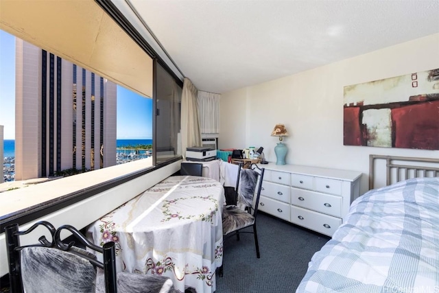 bedroom featuring a water view and dark colored carpet