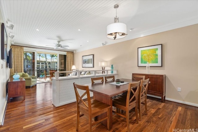 dining room with hardwood / wood-style floors, ceiling fan, and wooden ceiling