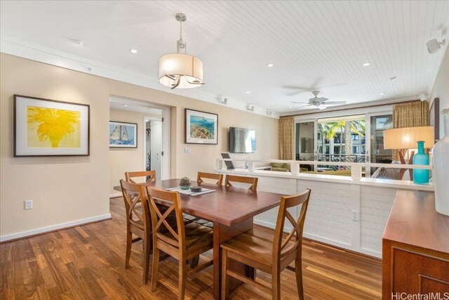 dining area with hardwood / wood-style floors, ceiling fan, and wood ceiling