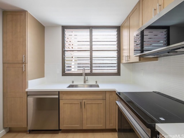 kitchen with backsplash, light hardwood / wood-style floors, sink, and appliances with stainless steel finishes