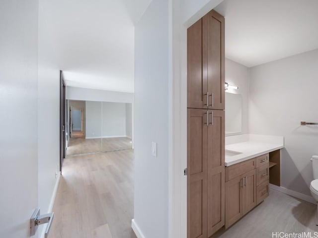 bathroom with wood-type flooring, vanity, and toilet