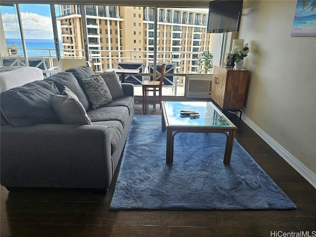 living room with dark hardwood / wood-style floors and a water view