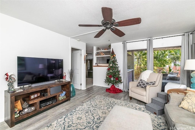 living room with ceiling fan, wood-type flooring, and a textured ceiling