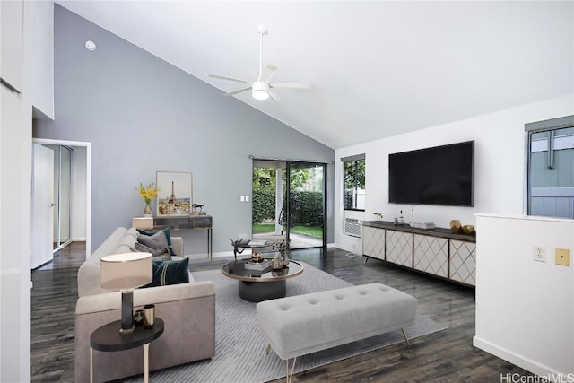 living room with ceiling fan, high vaulted ceiling, and dark hardwood / wood-style flooring