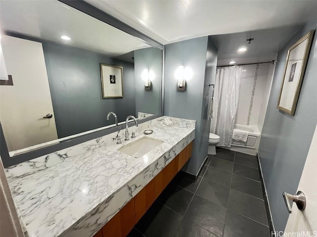 full bathroom featuring tile patterned flooring, shower / bath combo, toilet, and vanity