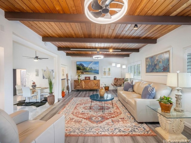 living room with hardwood / wood-style floors, beamed ceiling, wood ceiling, and rail lighting