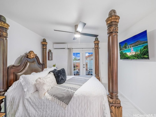 bedroom featuring access to exterior, french doors, a wall mounted AC, and ceiling fan