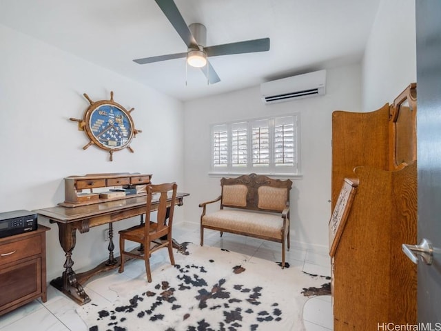 home office with an AC wall unit and ceiling fan