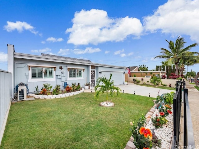 ranch-style home featuring a garage and a front yard