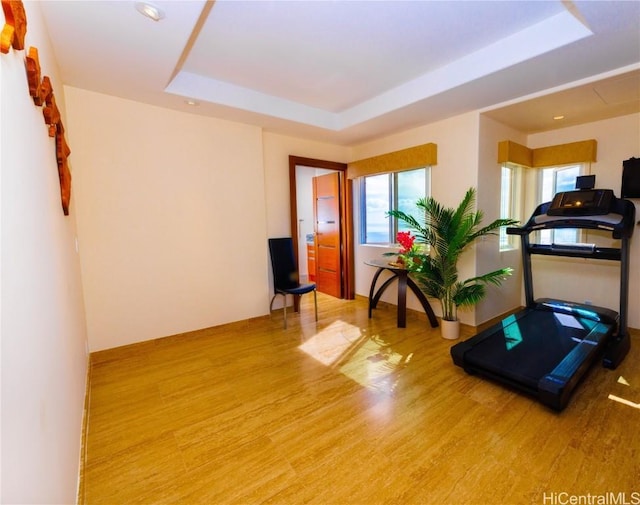 workout area with light hardwood / wood-style flooring and a raised ceiling