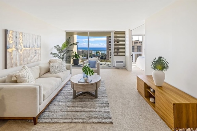 carpeted living room featuring a wall mounted air conditioner and a wall of windows