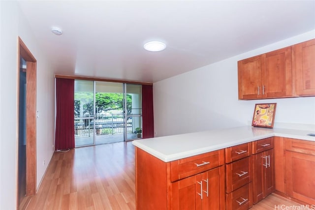 kitchen with light wood-type flooring, a wall of windows, and kitchen peninsula