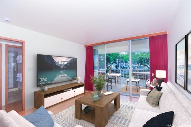 living room with expansive windows and light hardwood / wood-style floors