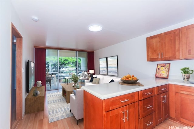 kitchen featuring kitchen peninsula, light hardwood / wood-style floors, and a wall of windows