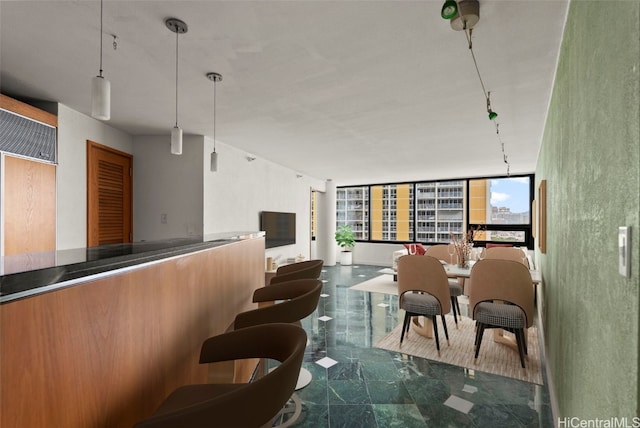 interior space featuring decorative light fixtures and a wall of windows