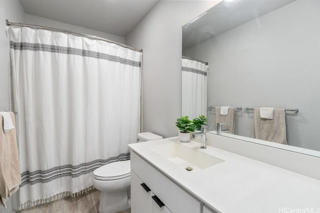 bathroom featuring hardwood / wood-style floors, vanity, and toilet