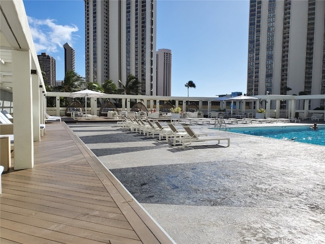 view of swimming pool with a patio area