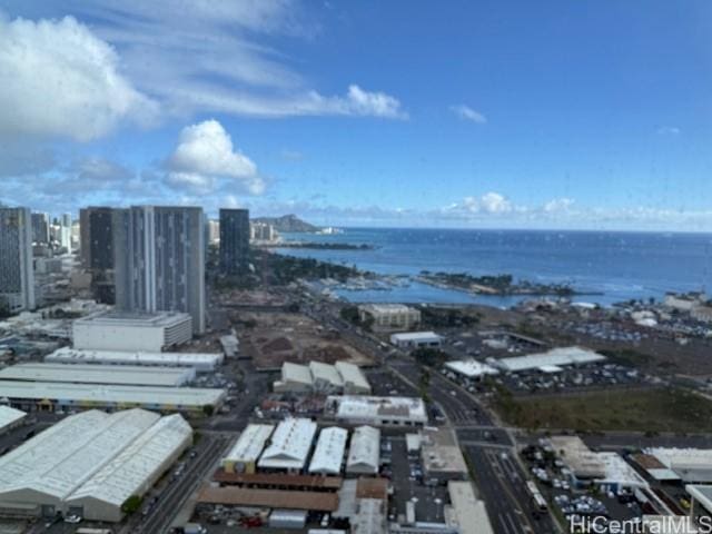 birds eye view of property with a water view