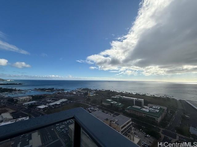 bird's eye view with a water view