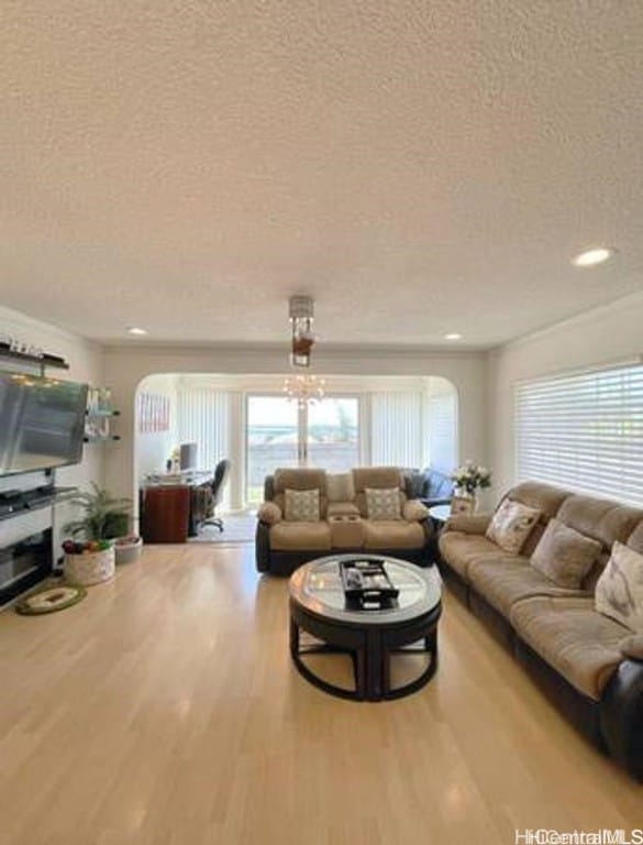 living room featuring hardwood / wood-style flooring and a textured ceiling