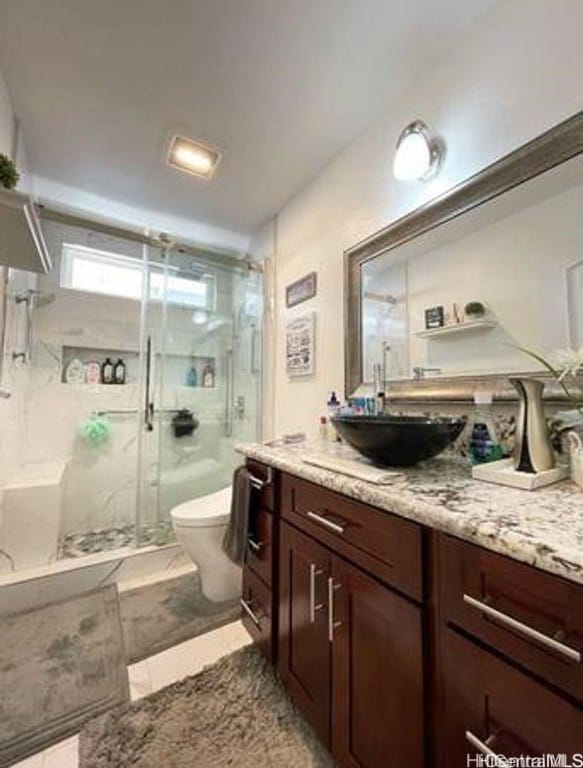 bathroom with vanity, a shower with shower door, and toilet