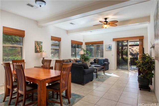 68-1125 N Kaniku Dr Unit 102, Kamuela, HI 96743 - dining area featuring ceiling fan, beam ceiling, and light tile patterned flooring