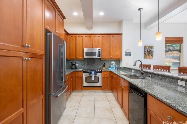 68-1125 N Kaniku Dr Unit 102, Kamuela, HI 96743 - kitchen with beam ceiling, light stone countertops, sink, stainless steel appliances, and tasteful backsplash