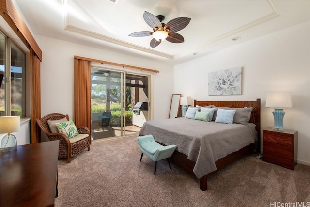 68-1125 N Kaniku Dr Unit 102, Kamuela, HI 96743 - bedroom with ceiling fan, a raised ceiling, carpet floors, and access to outside