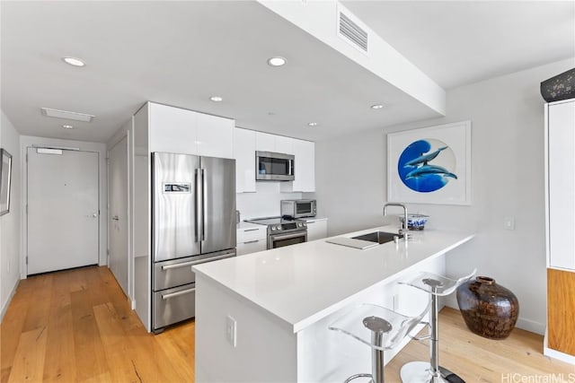 kitchen featuring a breakfast bar, white cabinets, sink, appliances with stainless steel finishes, and kitchen peninsula