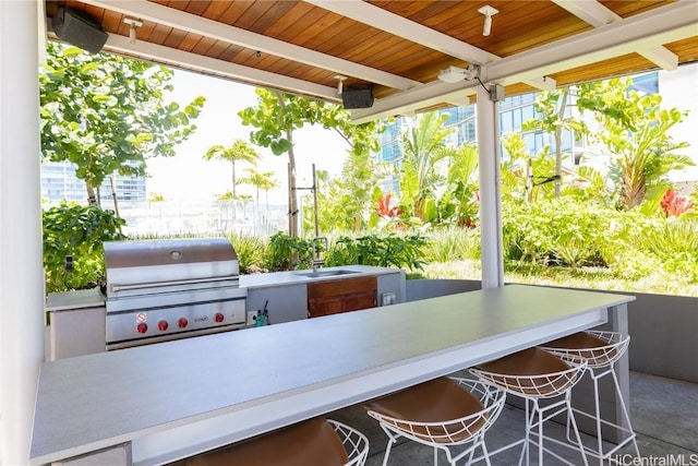 view of patio / terrace featuring grilling area, an outdoor wet bar, and exterior kitchen