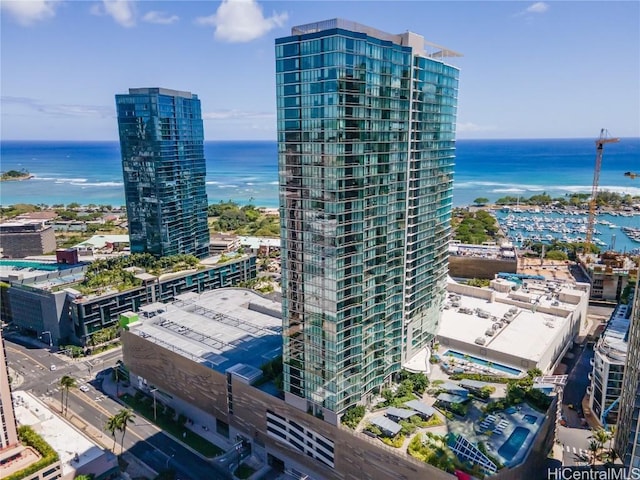 birds eye view of property featuring a water view