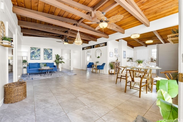 interior space with light tile patterned floors, vaulted ceiling with beams, ceiling fan, and wooden ceiling