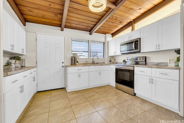 kitchen with appliances with stainless steel finishes, sink, wooden ceiling, vaulted ceiling with beams, and white cabinetry