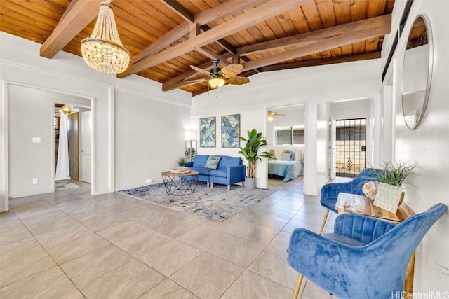 unfurnished living room featuring lofted ceiling with beams, wood ceiling, light tile patterned floors, and an inviting chandelier