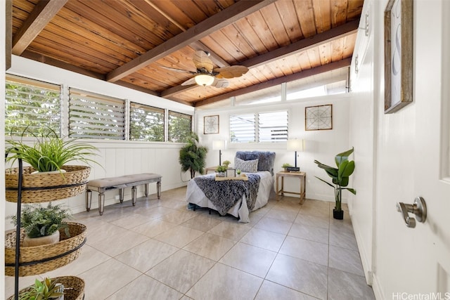 sitting room featuring a wealth of natural light, light tile patterned flooring, and wood ceiling