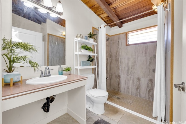 bathroom with walk in shower, wood ceiling, sink, beamed ceiling, and toilet