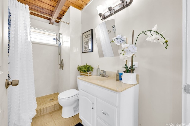 bathroom featuring walk in shower, beamed ceiling, tile patterned floors, toilet, and wood ceiling