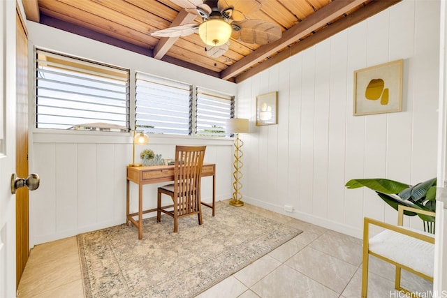 office space featuring light tile patterned floors, ceiling fan, wooden ceiling, and beam ceiling