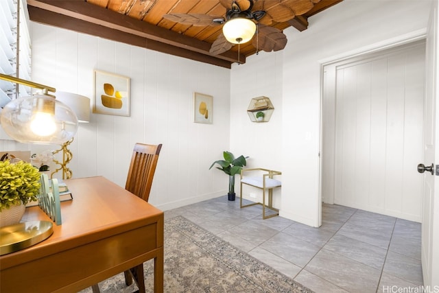 tiled home office with beam ceiling, ceiling fan, and wood ceiling