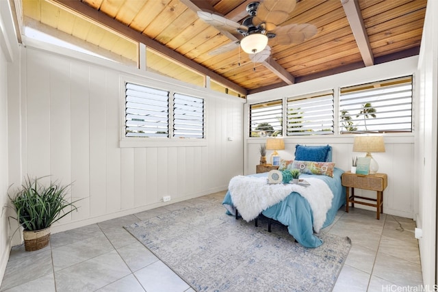 tiled bedroom featuring lofted ceiling with beams, ceiling fan, and wooden ceiling